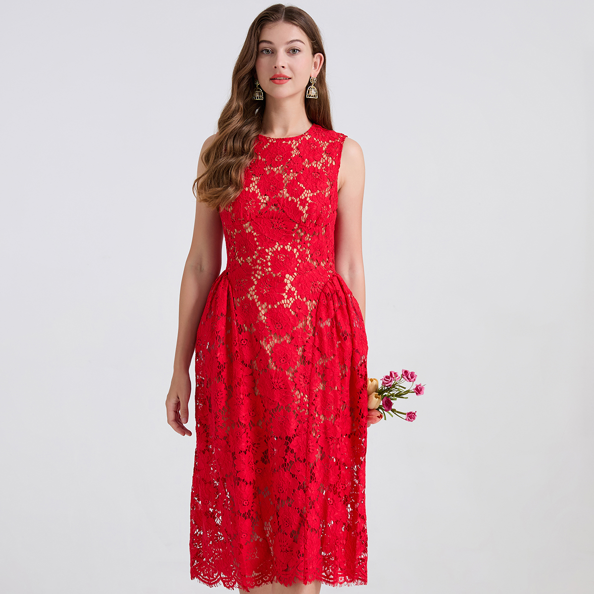 Real shot light luxury lace eyelash puffy vest round neck A-line skirt slim fit high waisted dress Real shot light luxury lace eyelash puffy vest round neck A-line skirt slim fit high waisted dress