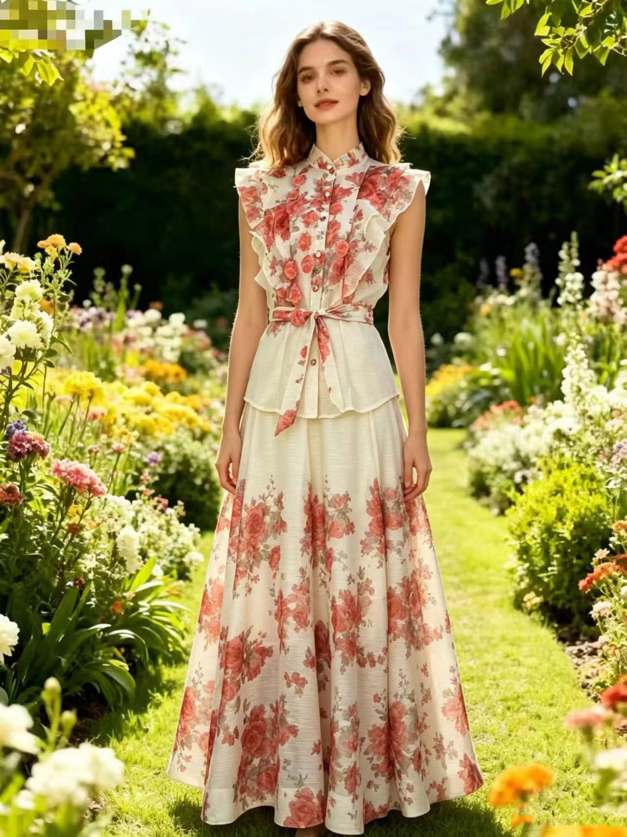 Elegant temperament two-piece dress set from Z Australia, heavy industry flower sleeveless ruffled shirt+high waisted skirt Elegant temperament two-piece dress set from Z Australia, heavy industry flower sleeveless ruffled shirt+high waisted skirt