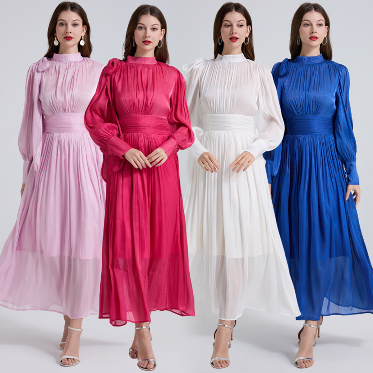 Realistic French Romantic Glowing Wrinkle Bow Strap Waist Dress with Hot Diamond Stand up Collar and Large Swing Skirt