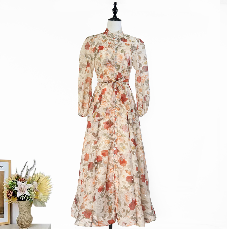 Australian retro print stand up collar lantern sleeves long sleeves heavy studded diamonds elegant socialite temperament two-piece dress long Australian retro print stand up collar lantern sleeves long sleeves heavy studded diamonds elegant socialite temperament two-piece dress long