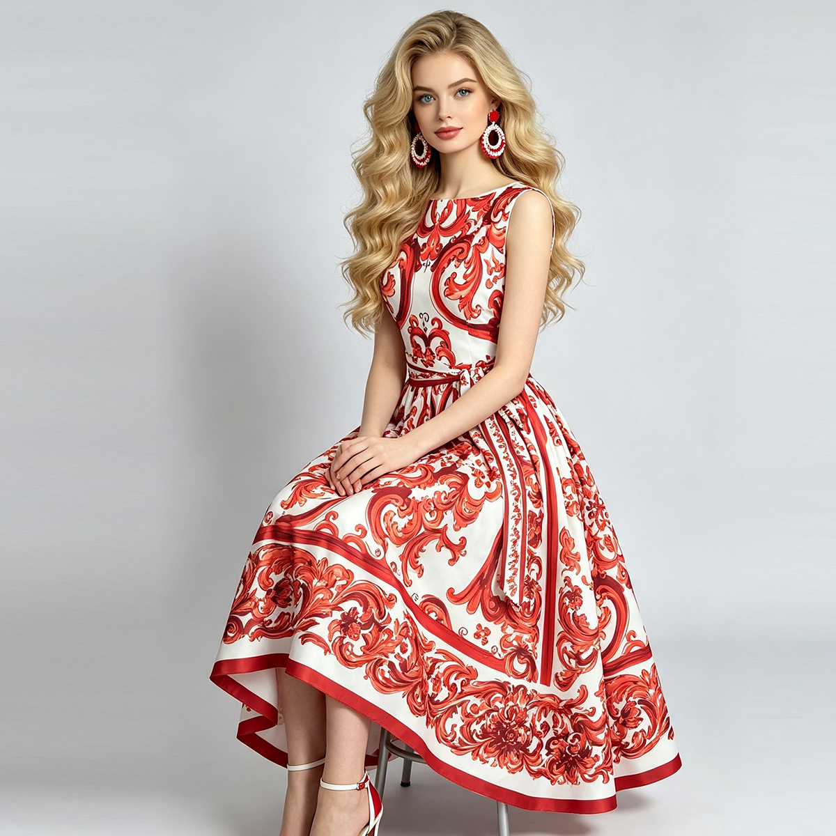 French romantic floral print sleeveless dress with high waisted bow tie and drawstring, cinched waist and large swing skirt French romantic floral print sleeveless dress with high waisted bow tie and drawstring, cinched waist and large swing skirt
