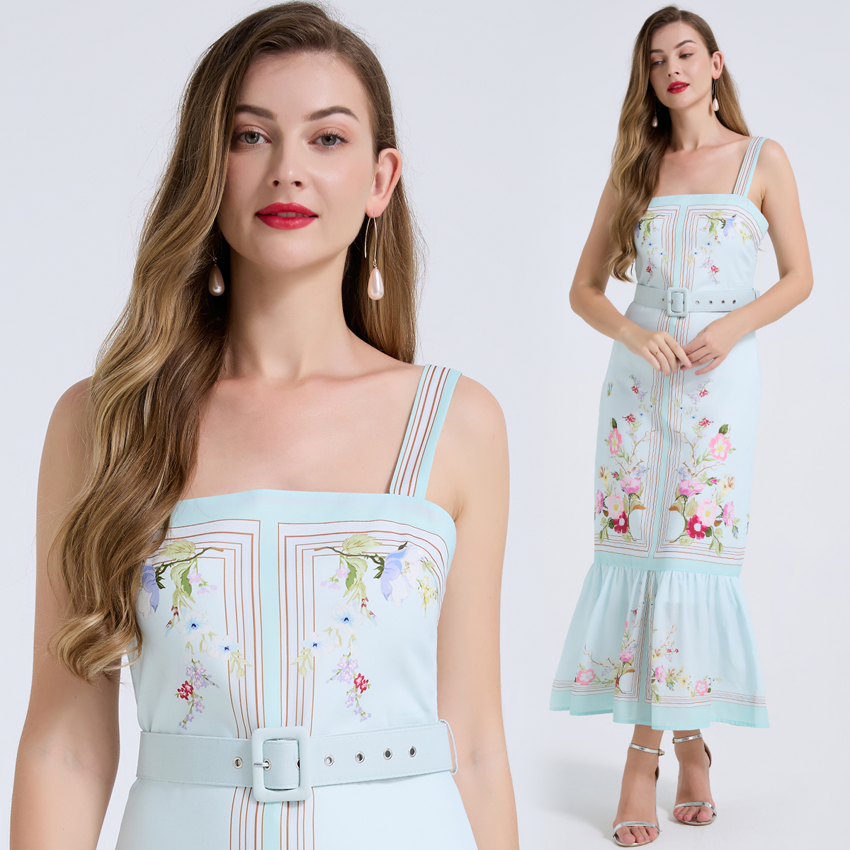 Realistic shooting of simple and fashionable printed positioning straps, cotton and linen waist cinched dress, sleeveless vest skirt