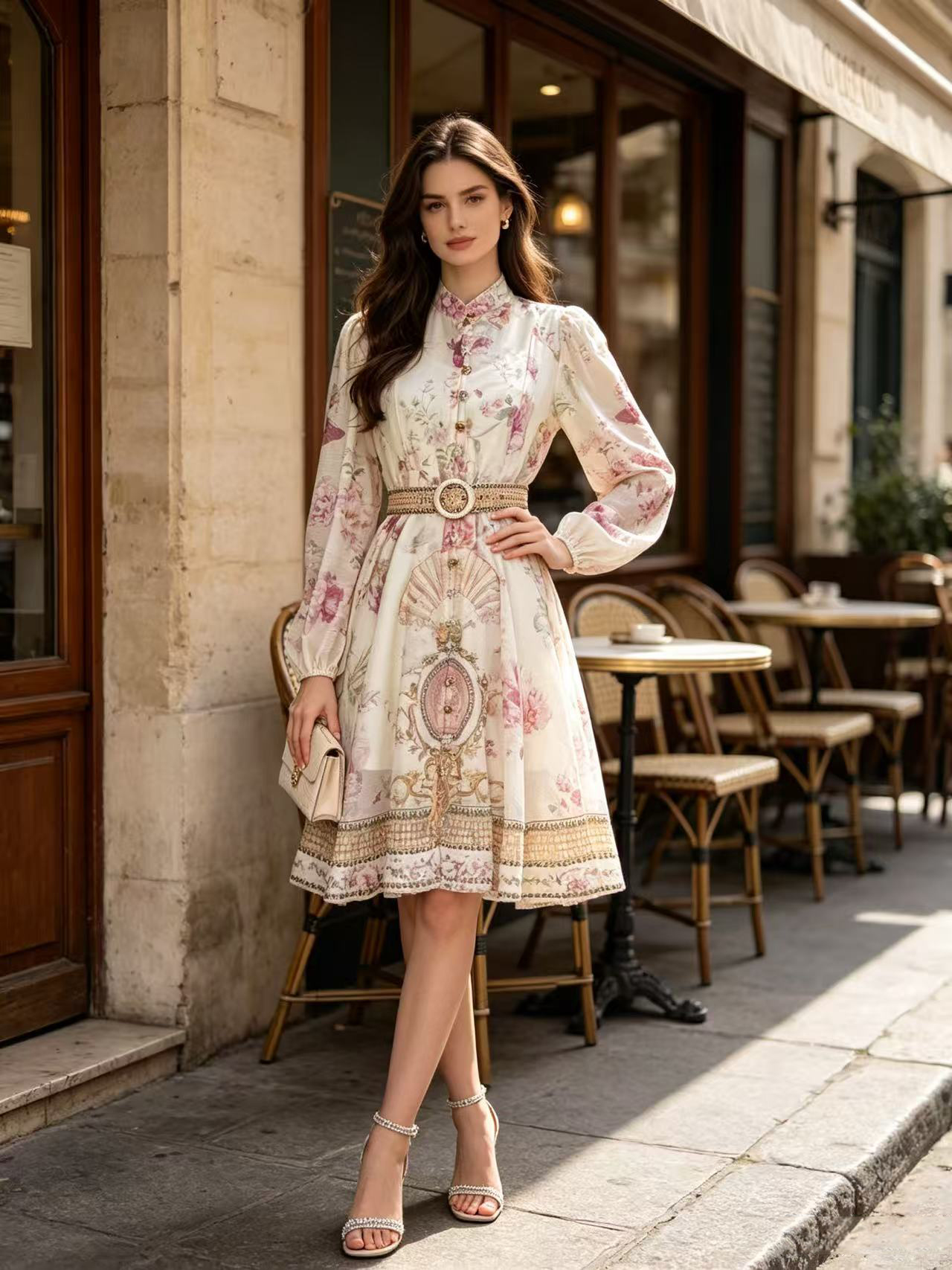 Australian new elegant retro positioning printed stand up collar single breasted waist slimming dress short skirt umbrella skirt Australian new elegant retro positioning printed stand up collar single breasted waist slimming dress short skirt umbrella skirt