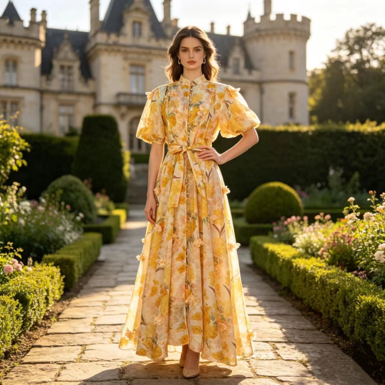 Australian New Elegant Women's Retro Printed Heavy duty Handmade Flower Decoration Waist Swing Dress Long Skirt Australian New Elegant Women's Retro Printed Heavy duty Handmade Flower Decoration Waist Swing Dress Long Skirt