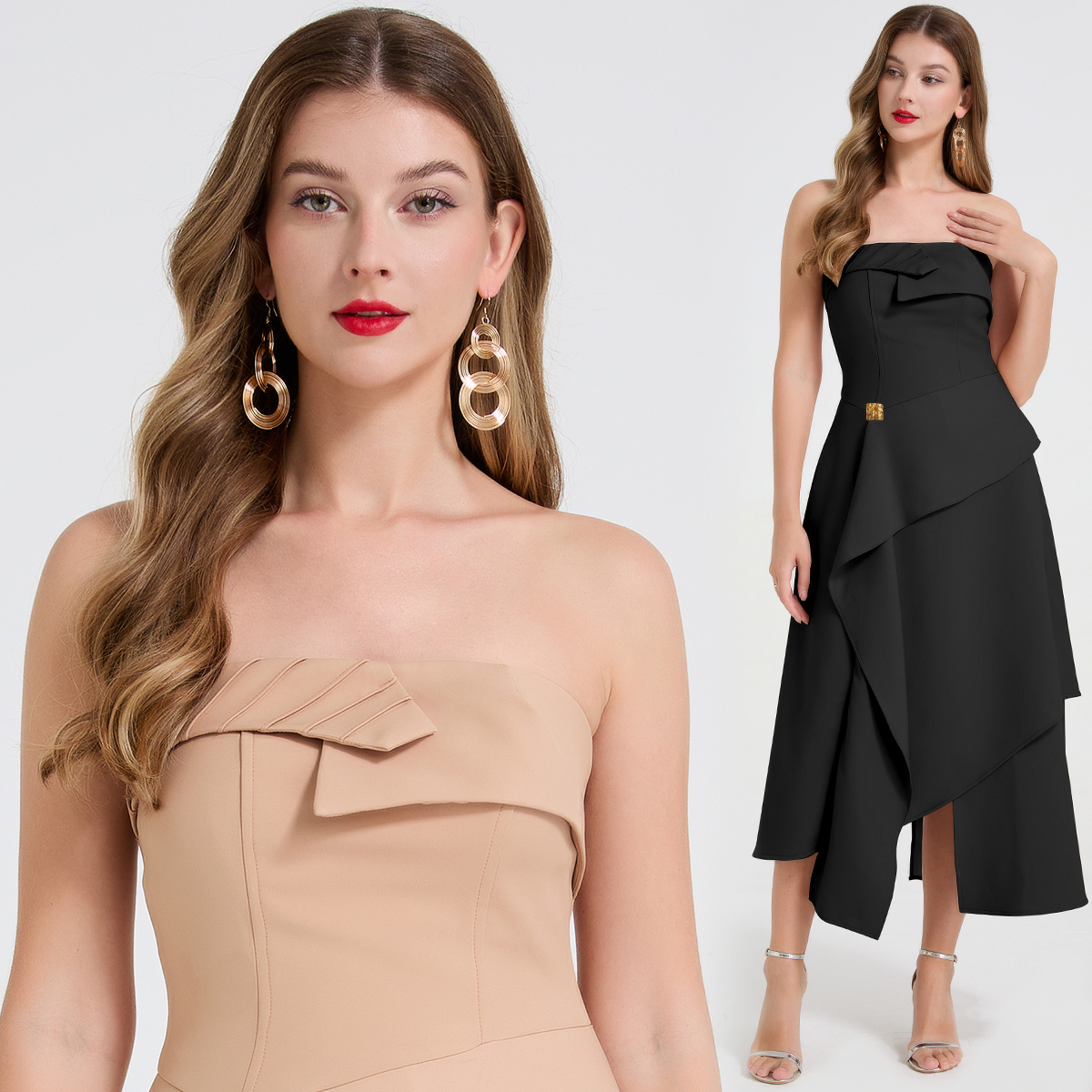 Realistic high-end asymmetric irregular layered skirt, strapless sexy long skirt, light dress design