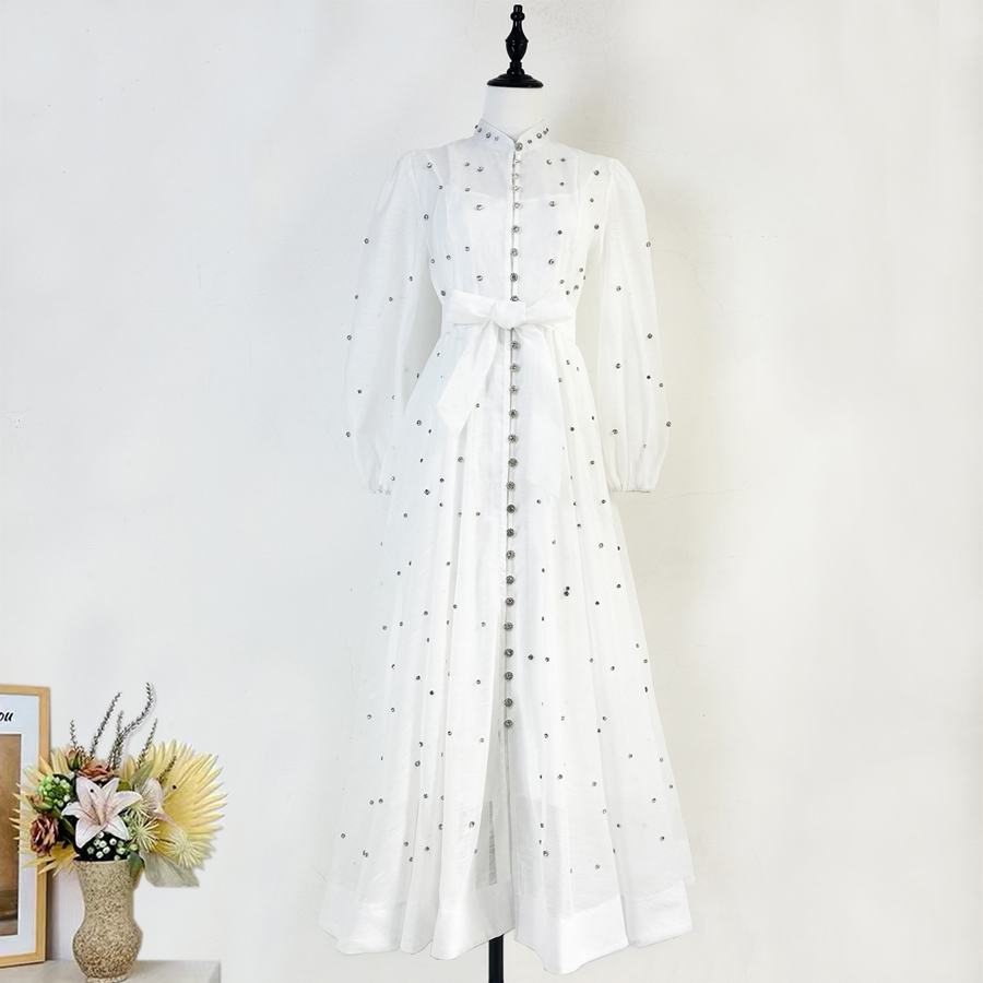 Australian retro print stand up collar lantern sleeves long sleeves heavy studded diamonds elegant socialite temperament two-piece dress long Australian retro print stand up collar lantern sleeves long sleeves heavy studded diamonds elegant socialite temperament two-piece dress long