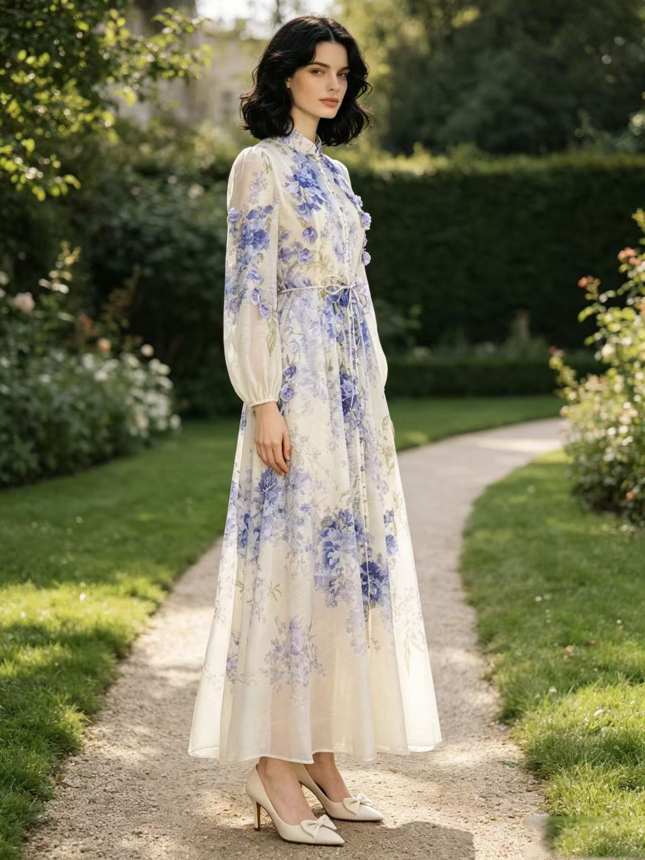 Australian niche 2026 summer elegant stand up collar single breasted heavy industry floral fringe two-piece dress long skirt Australian niche 2026 summer elegant stand up collar single breasted heavy industry floral fringe two-piece dress long skirt