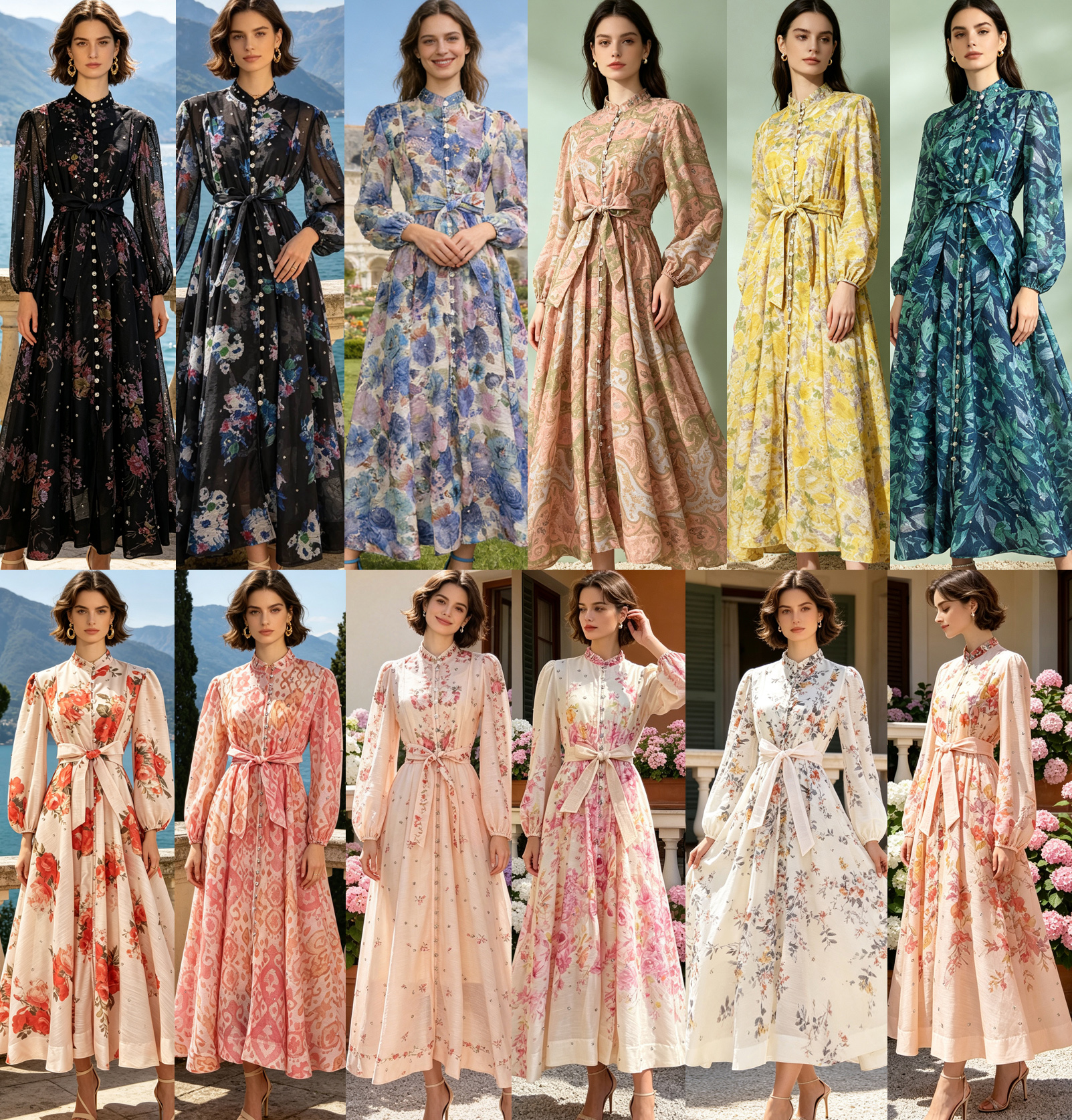 Australian retro print stand up collar lantern sleeves long sleeves heavy studded beads elegant socialite temperament two-piece dress long Australian retro print stand up collar lantern sleeves long sleeves heavy studded beads elegant socialite temperament two-piece dress long