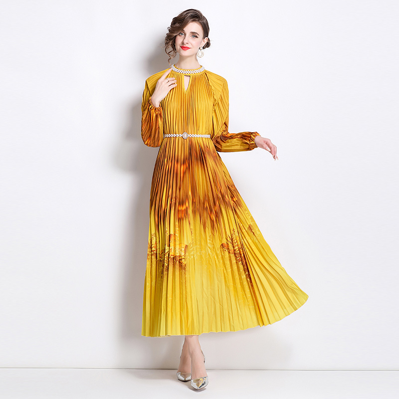 Original 2026 high-end nail bead positioning printed pleated pearl buckle pleated long skirt Original 2026 high-end nail bead positioning printed pleated pearl buckle pleated long skirt