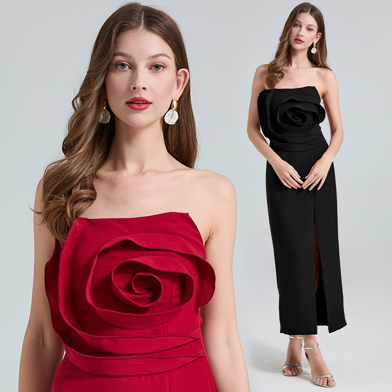 Real shot French romantic rose shaped strapless slim evening dress dress, high waisted banquet dress