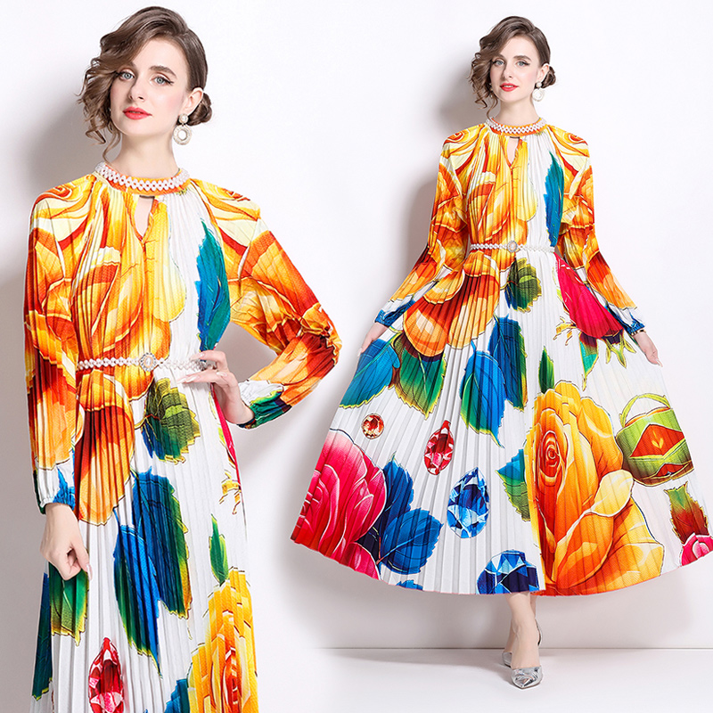 Original 2026 high-end nail bead positioning printed pleated pearl buckle pleated long skirt