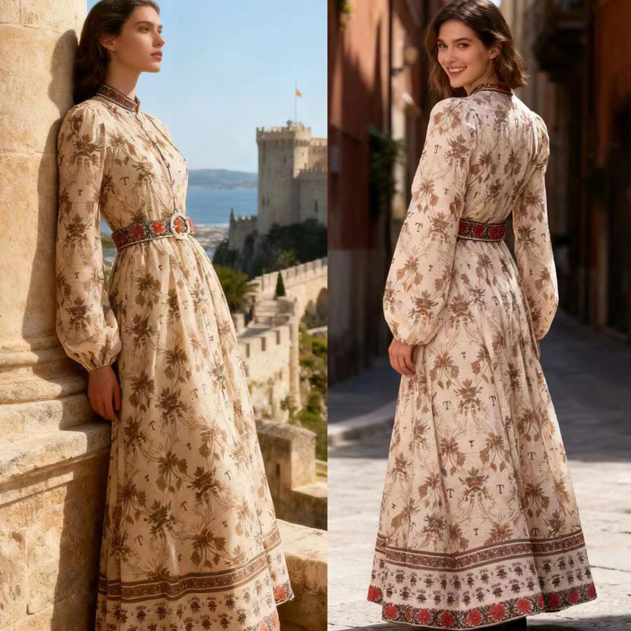 French high-end two-piece dress with retro print stand up collar lantern sleeves and waist cinching big swing dress, long skirt French high-end two-piece dress with retro print stand up collar lantern sleeves and waist cinching big swing dress, long skirt