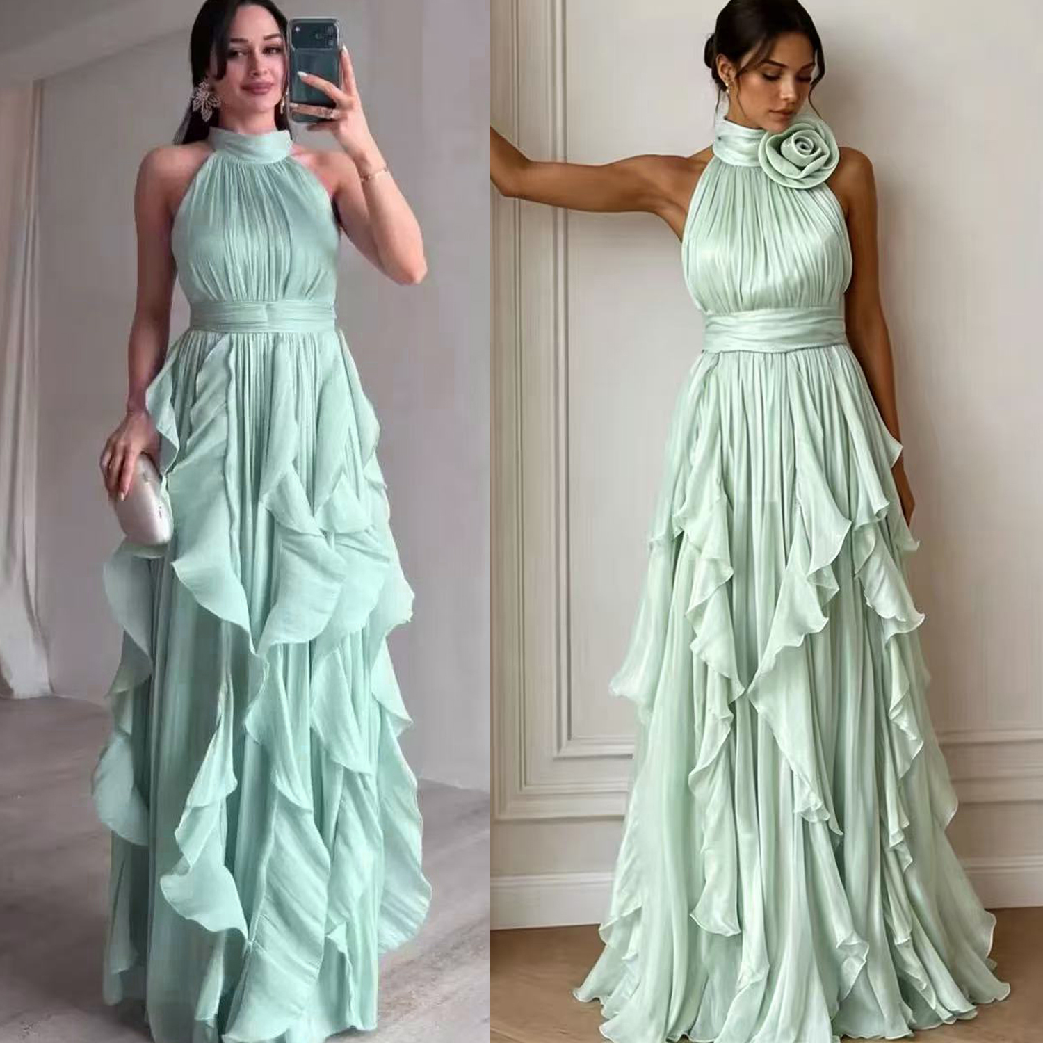 European and American summer new sexy off shoulder sleeveless slim fit dress with ruffled edges, big swing dress, formal dress, long skirt for women
