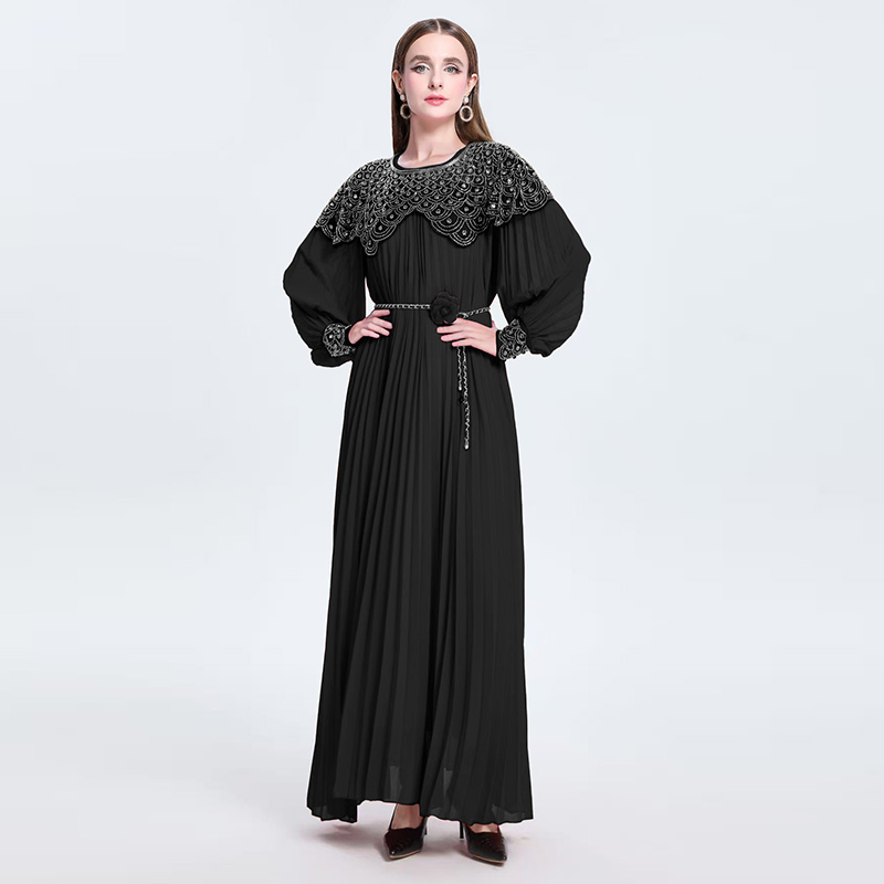 Light luxury high-end embroidered bead sequin round neck long sleeved dress, super fairy pleated elegant dress Light luxury high-end embroidered bead sequin round neck long sleeved dress, super fairy pleated elegant dress