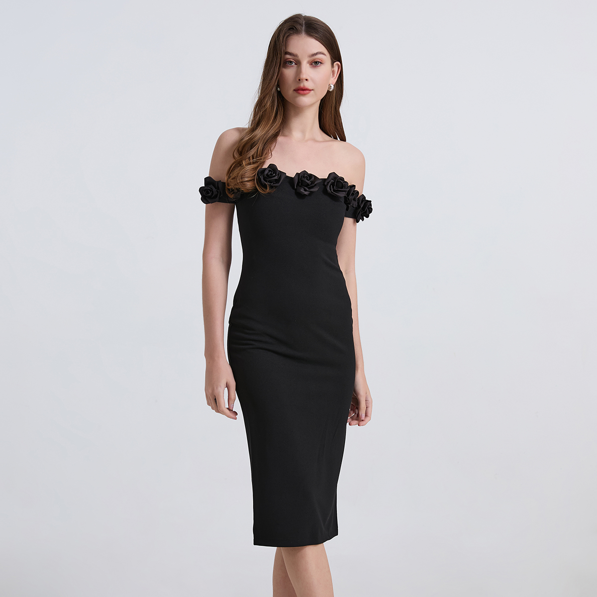 Real time shooting of French heavy industry nail diamond gold style one shoulder three-dimensional flower slim fit slit dress Real time shooting of French heavy industry nail diamond gold style one shoulder three-dimensional flower slim fit slit dress