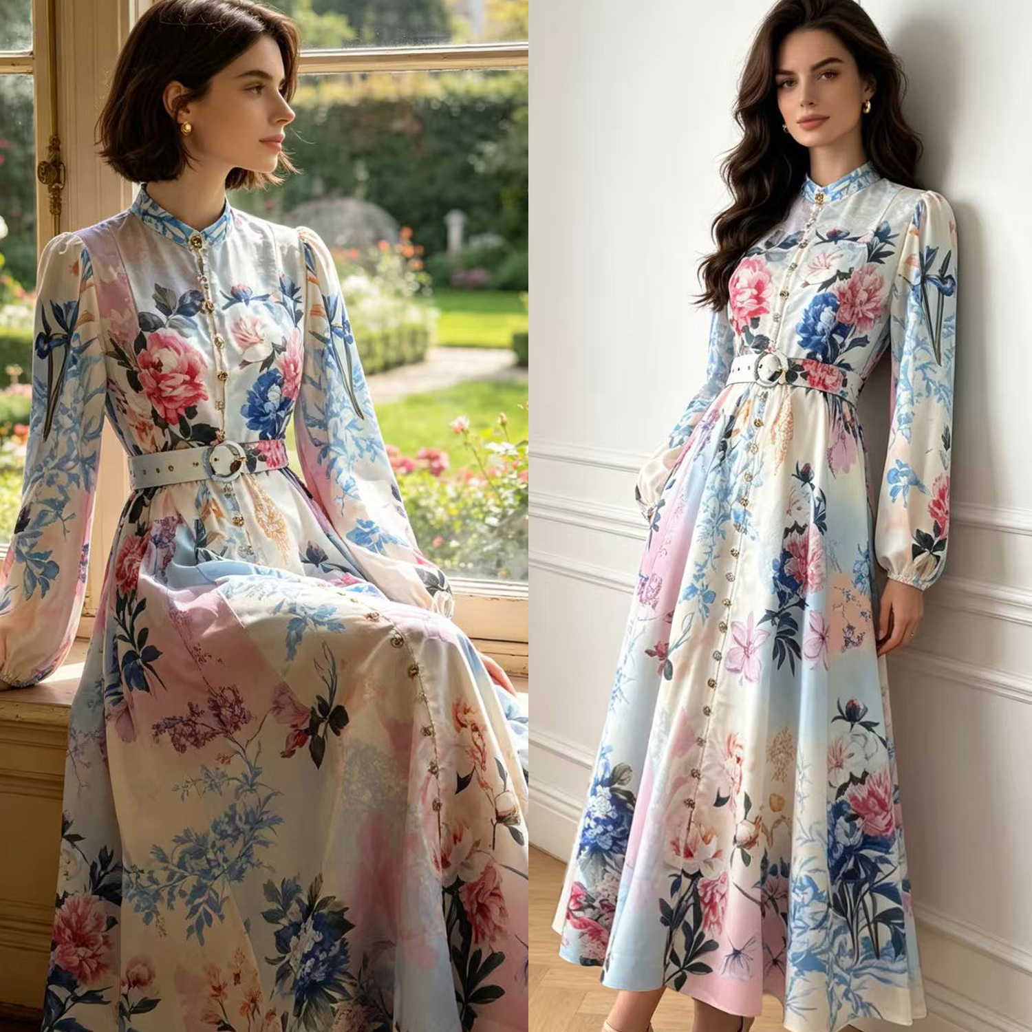 Australian new French retro style stand up collar lantern sleeve single breasted printed dress, four season new long skirt