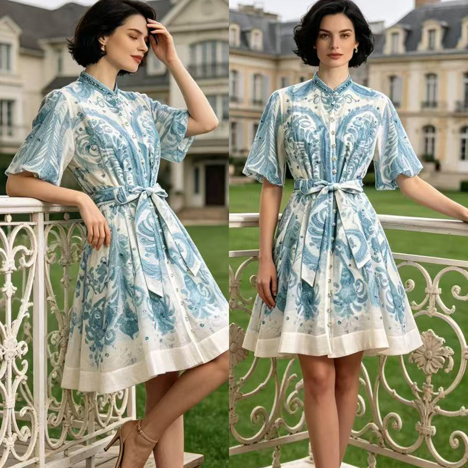 Australian vacation style summer new French retro printed bubble sleeves short sleeves studded diamond single breasted dress umbrella skirt