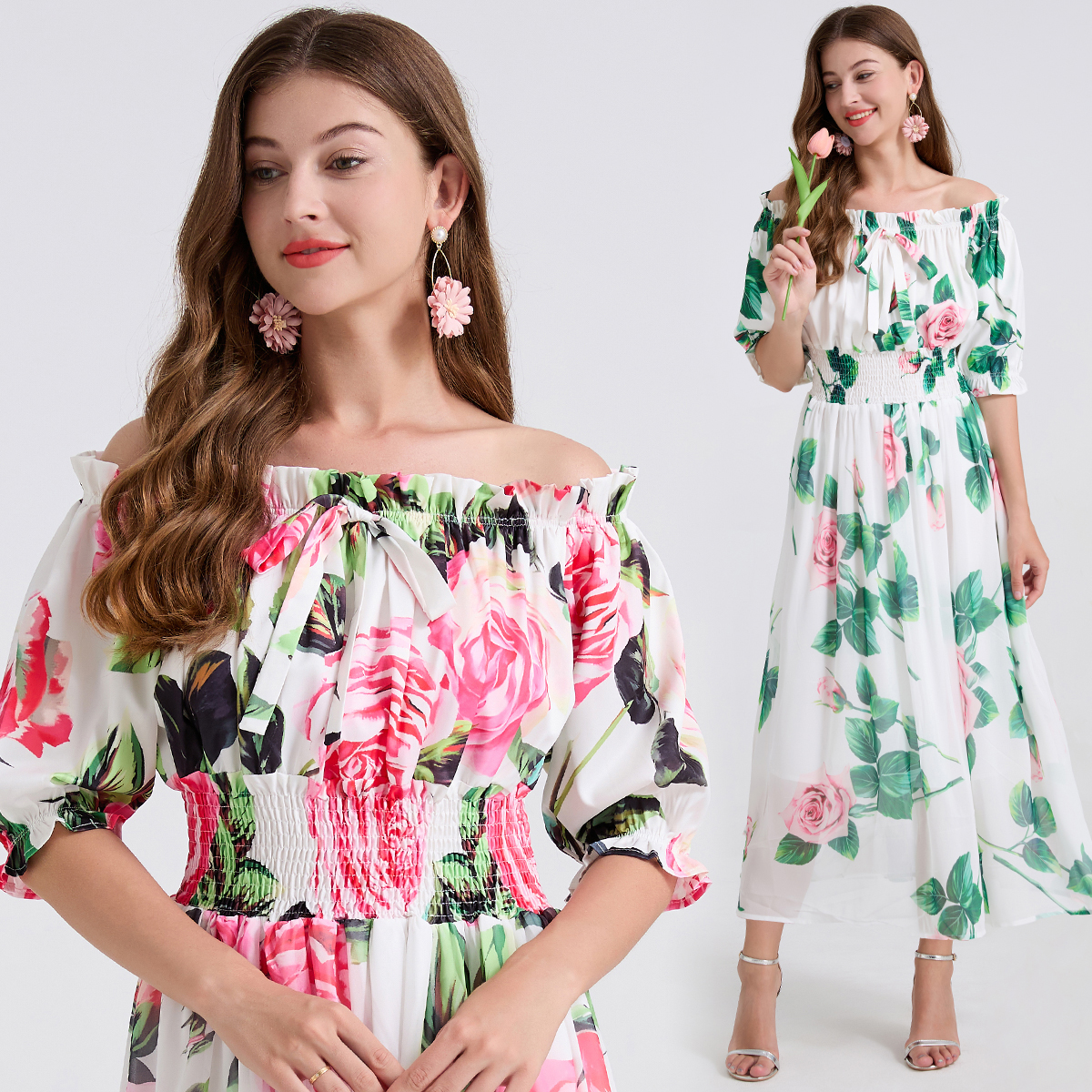 Real shot sexy one shoulder elastic waistband bow tie with printed large swing chiffon patchwork dress