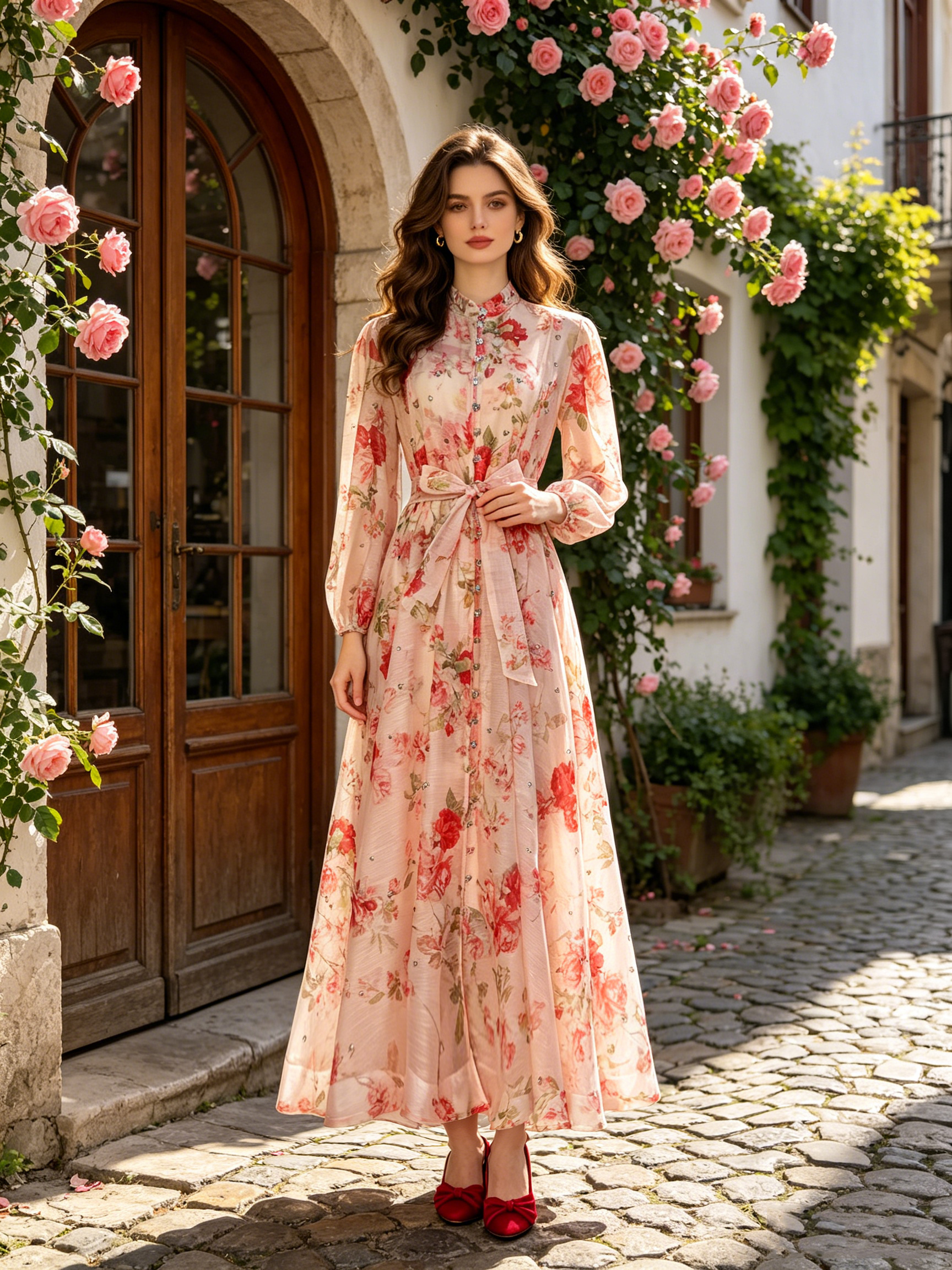 Australian retro print stand up collar lantern sleeves long sleeves heavy studded diamonds elegant socialite temperament two-piece dress long Australian retro print stand up collar lantern sleeves long sleeves heavy studded diamonds elegant socialite temperament two-piece dress long
