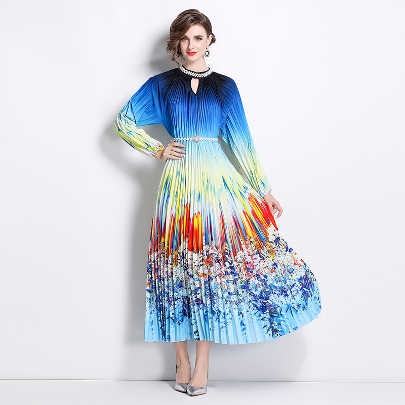 Original 2026 high-end nail bead positioning printed pleated pearl buckle pleated long skirt Original 2026 high-end nail bead positioning printed pleated pearl buckle pleated long skirt