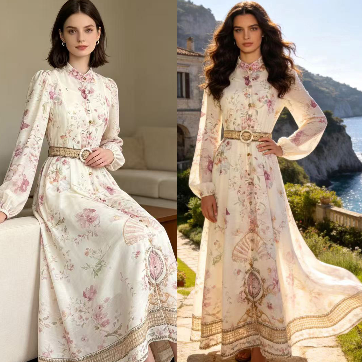 French high-end two-piece dress with retro print stand up collar lantern sleeves and waist cinching big swing dress, long skirt French high-end two-piece dress with retro print stand up collar lantern sleeves and waist cinching big swing dress, long skirt
