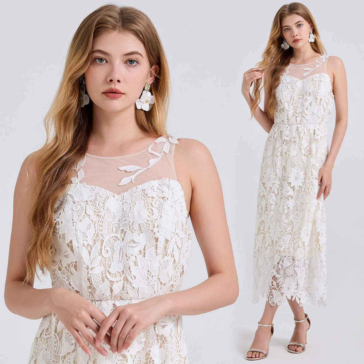 Real shot of high-quality mesh splicing, round neck, leaf embroidery, decal, water-soluble lace dress from Heavy Industry