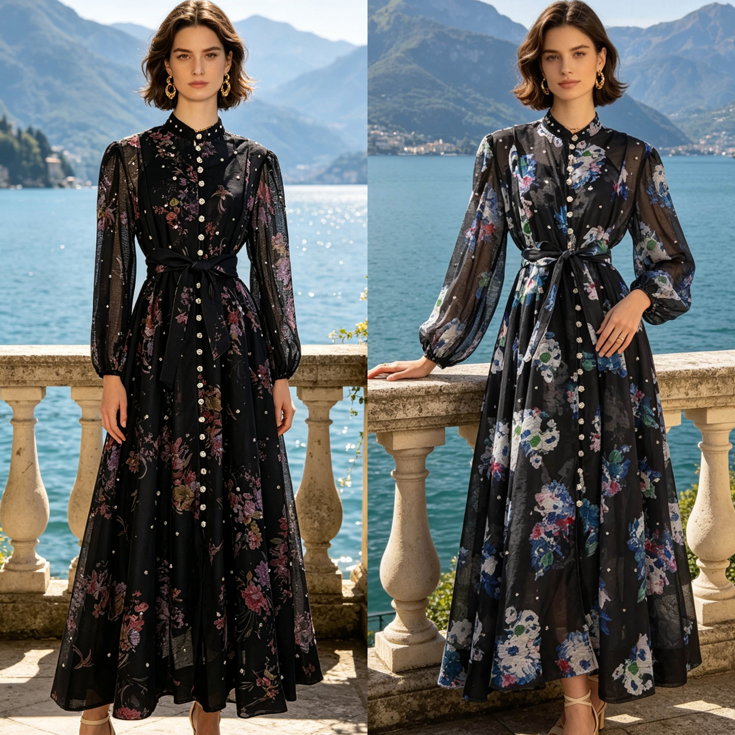 Australian retro print stand up collar lantern sleeves long sleeves heavy studded beads elegant socialite temperament two-piece dress long