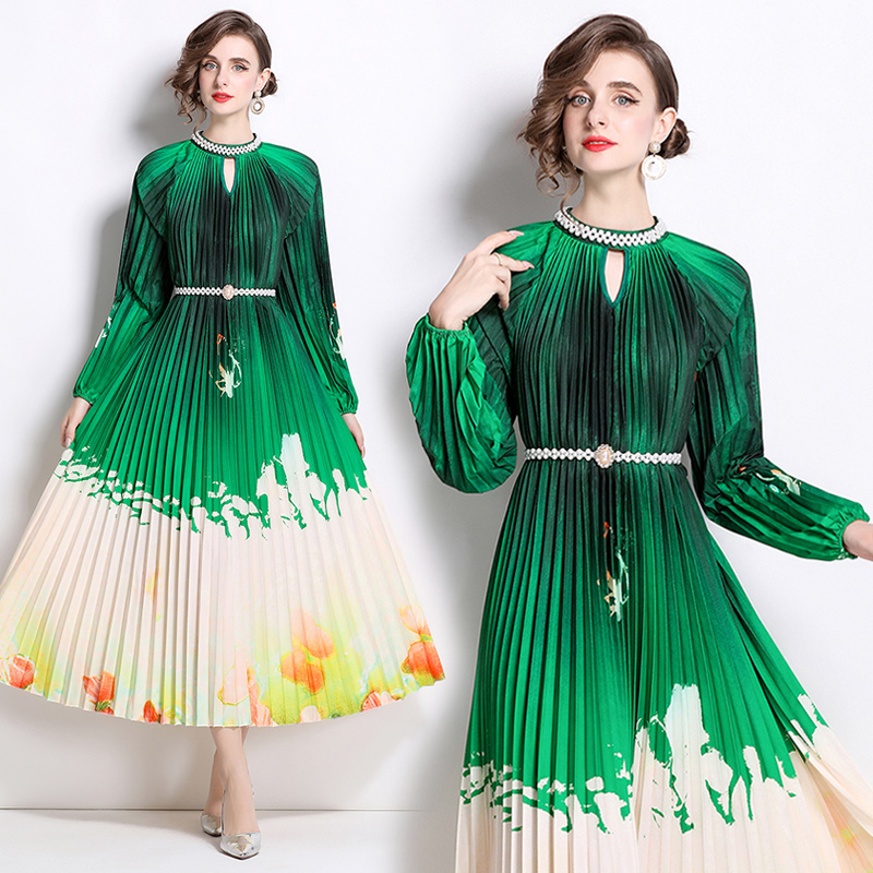 Original 2026 high-end nail bead positioning printed pleated pearl buckle pleated long skirt
