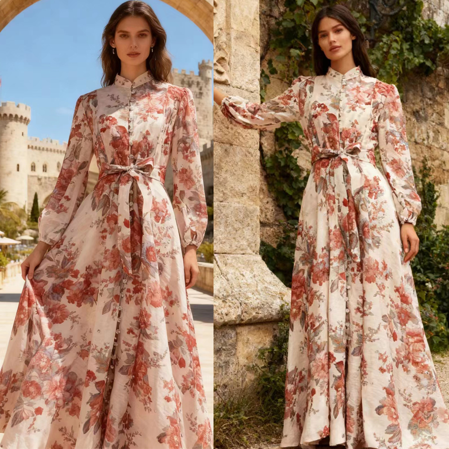 Australian retro print stand up collar lantern sleeves long sleeves heavy studded diamonds elegant socialite temperament two-piece dress long Australian retro print stand up collar lantern sleeves long sleeves heavy studded diamonds elegant socialite temperament two-piece dress long