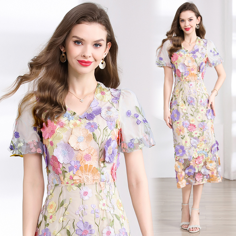 Real shot 774 # Heavy Industry Embroidery 3D Stickers Summer Elegant Bubble Sleeve Dress V-neck Split Dress