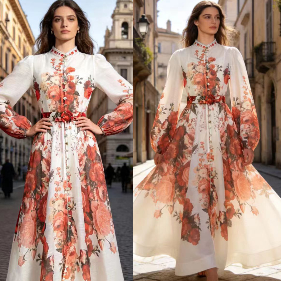 French high-end two-piece dress with retro print stand up collar lantern sleeves and waist cinching big swing dress, long skirt French high-end two-piece dress with retro print stand up collar lantern sleeves and waist cinching big swing dress, long skirt