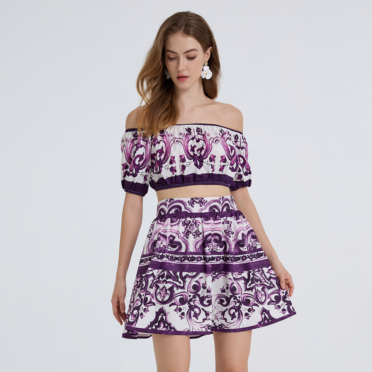 Real shot sexy off shoulder printed top+high waist slim fit skirt 2-piece set Real shot sexy off shoulder printed top+high waist slim fit skirt 2-piece set