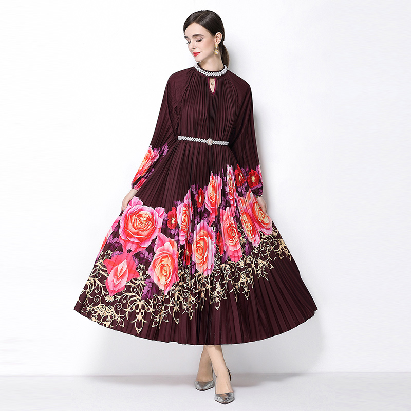 Original 2026 high-end nail bead positioning printed pleated pearl buckle pleated long skirt Original 2026 high-end nail bead positioning printed pleated pearl buckle pleated long skirt