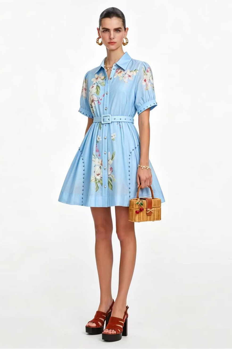 Summer New French Elegant Style Flip Collar Shirt Sleeve Single breasted Pattern Printed Lace up Large Swing Shirt Short Skirt Summer New French Elegant Style Flip Collar Shirt Sleeve Single breasted Pattern Printed Lace up Large Swing Shirt Short Skirt