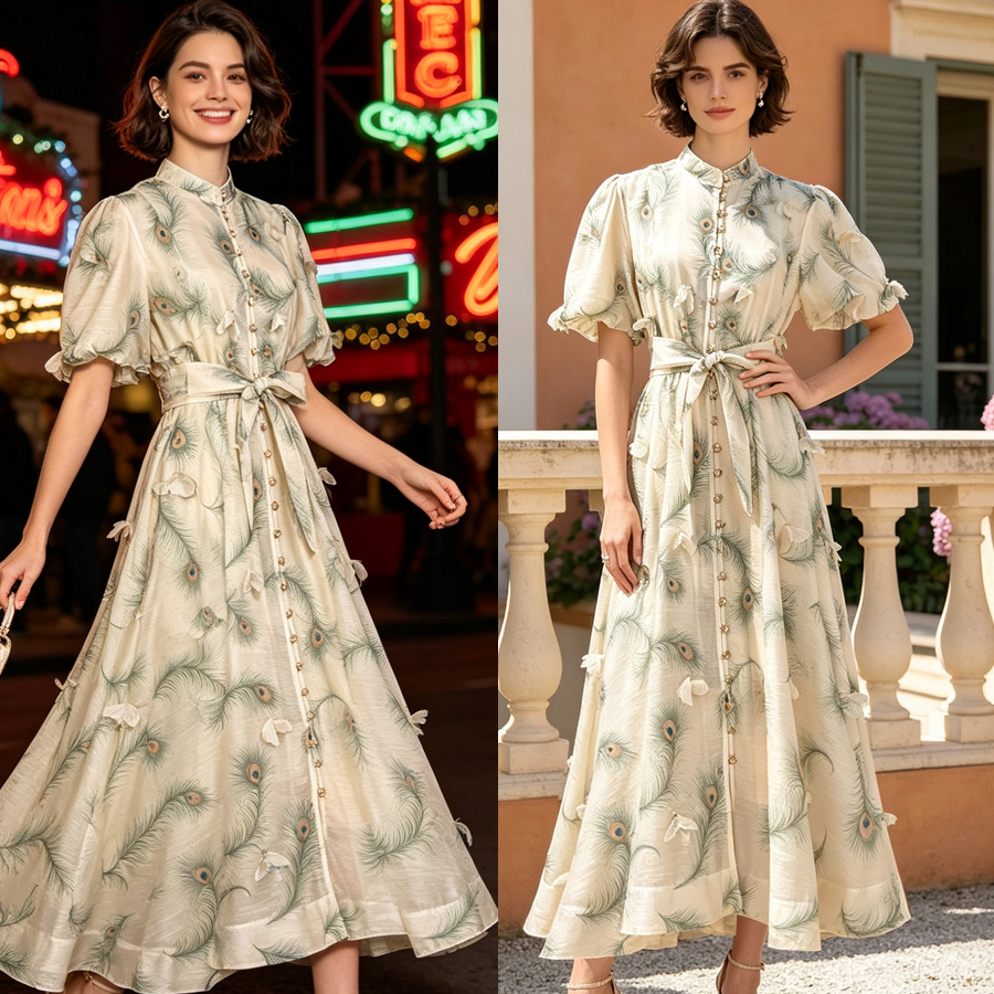 Australian new retro printed elegant socialite temperament heavy three-dimensional flower single breasted waist slimming dress Australian new retro printed elegant socialite temperament heavy three-dimensional flower single breasted waist slimming dress