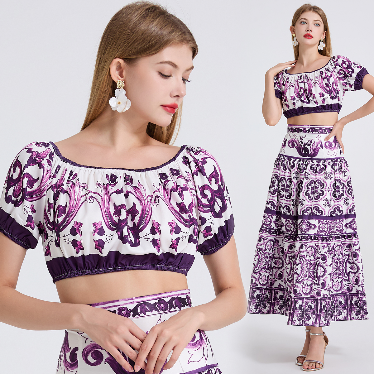 One neck off shoulder short strapless top+high waisted skirt two-piece fashionable set