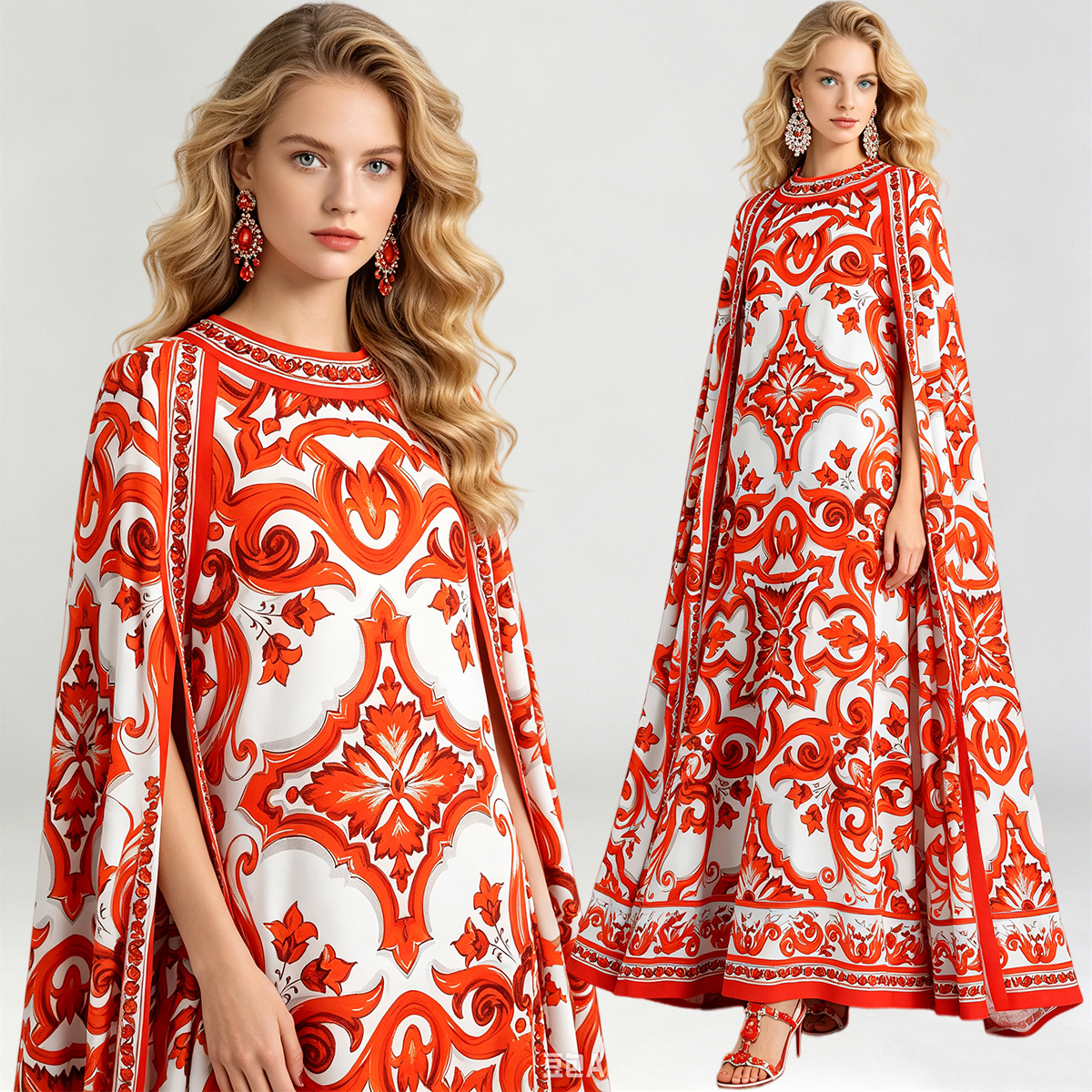 Positioning: Round neck large flower loose shawl round neck plus size dress, bat big swing A-line floor length skirt