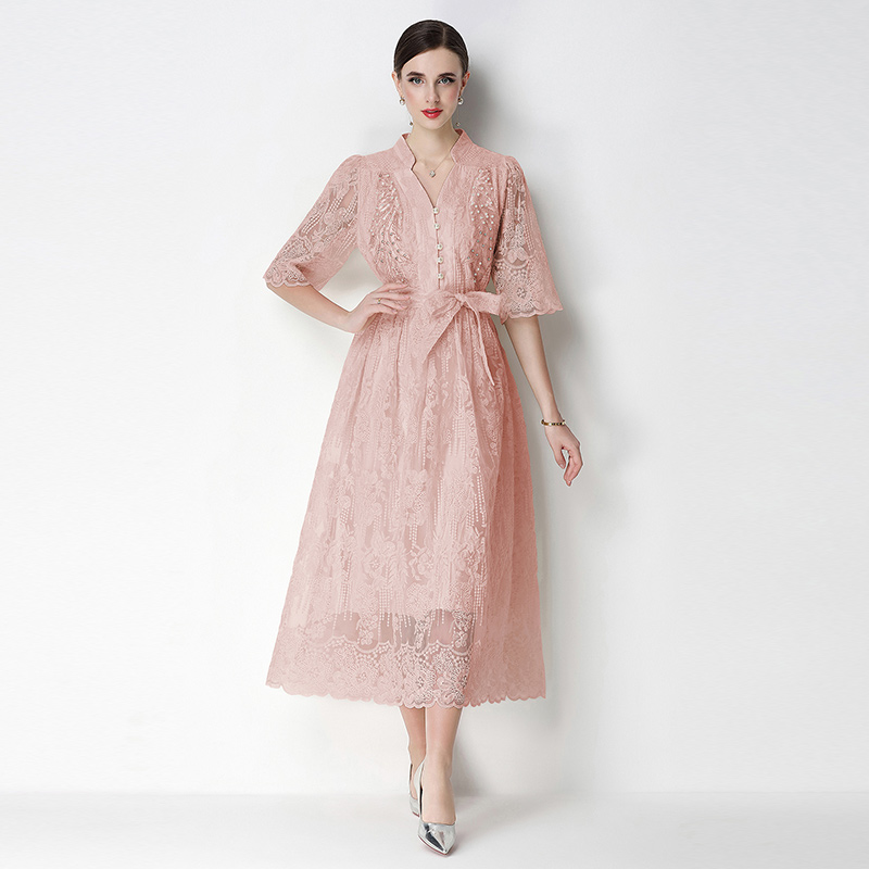 2026 Heavy Industry Lace Hand Embroidered Dress with Waist cinching and Elegant Style 2026 Heavy Industry Lace Hand Embroidered Dress with Waist cinching and Elegant Style
