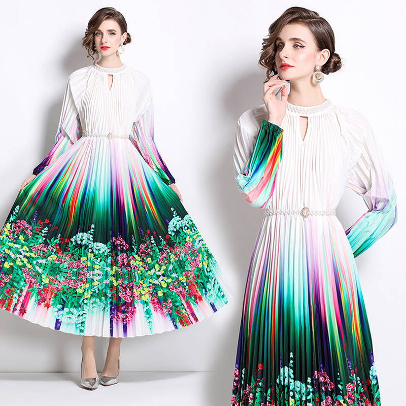 Original 2026 high-end nail bead positioning printed pleated pearl buckle pleated long skirt