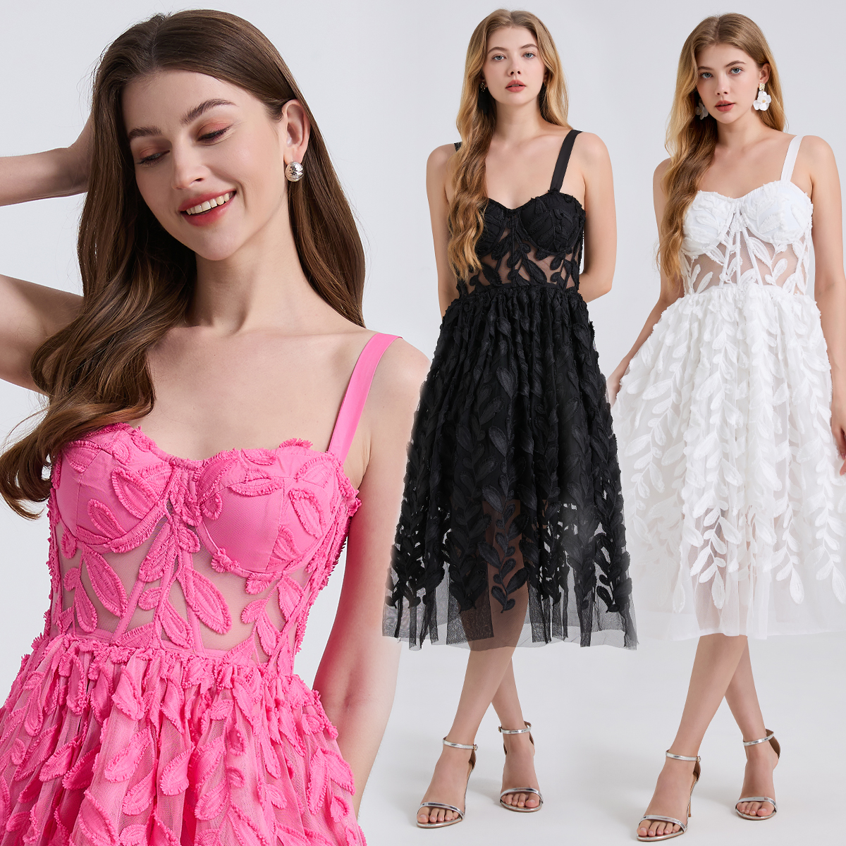 3-color heavy industry embroidery lace mesh slim fit fishbone steel ring sling strapless large swing multi-layer dress