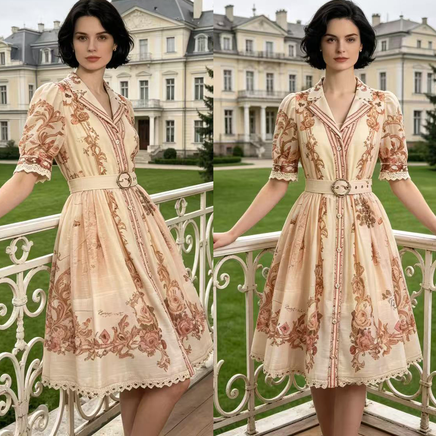 European and American niche retro printed small lapel bubble sleeve lace nail bead large swing waist slimming dress two-piece set