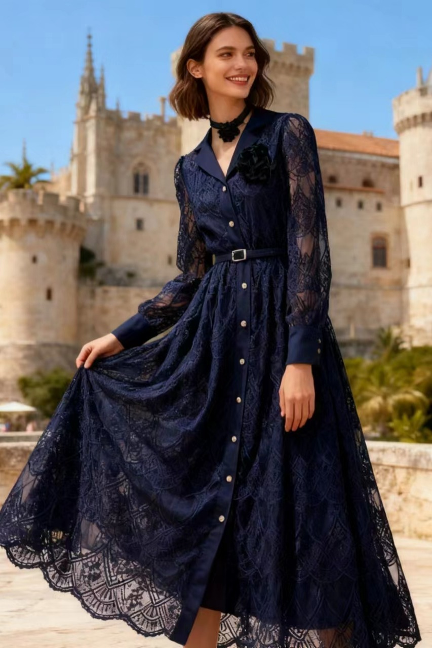 French socialite style heavy industry hollow embroidery dress for women 2026 new style single breasted buckle with waist belt, slimming long skirt French socialite style heavy industry hollow embroidery dress for women 2026 new style single breasted buckle with waist belt, slimming long skirt