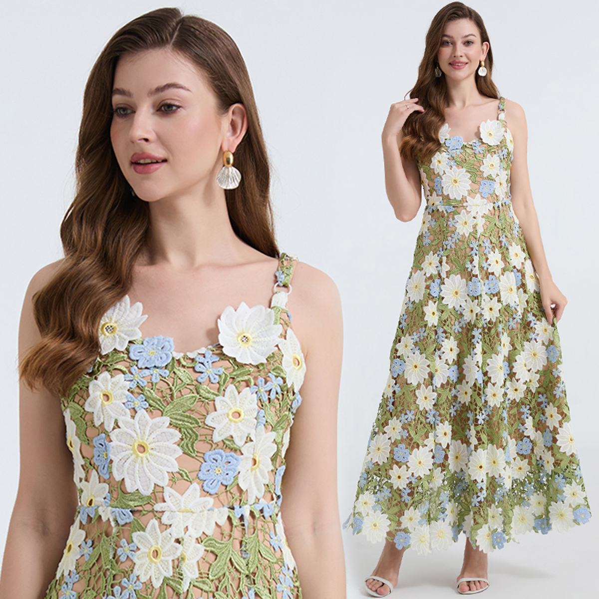 Real shot of summer heavy industry two-color water-soluble lace embroidered suspender dress with sexy hollow out large swing A-line skirt