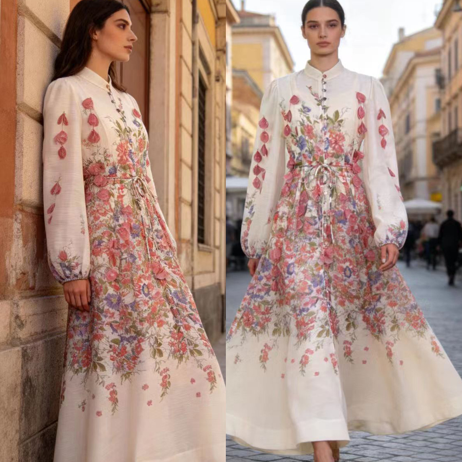 Australian niche 2026 summer elegant stand up collar single breasted heavy industry floral fringe two-piece dress long skirt Australian niche 2026 summer elegant stand up collar single breasted heavy industry floral fringe two-piece dress long skirt