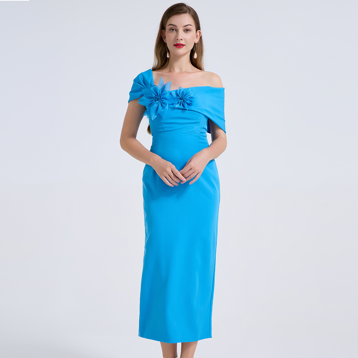 Real shot sexy off shoulder asymmetrical design three-dimensional flower slim fit hip hugging dress evening dress Real shot sexy off shoulder asymmetrical design three-dimensional flower slim fit hip hugging dress evening dress