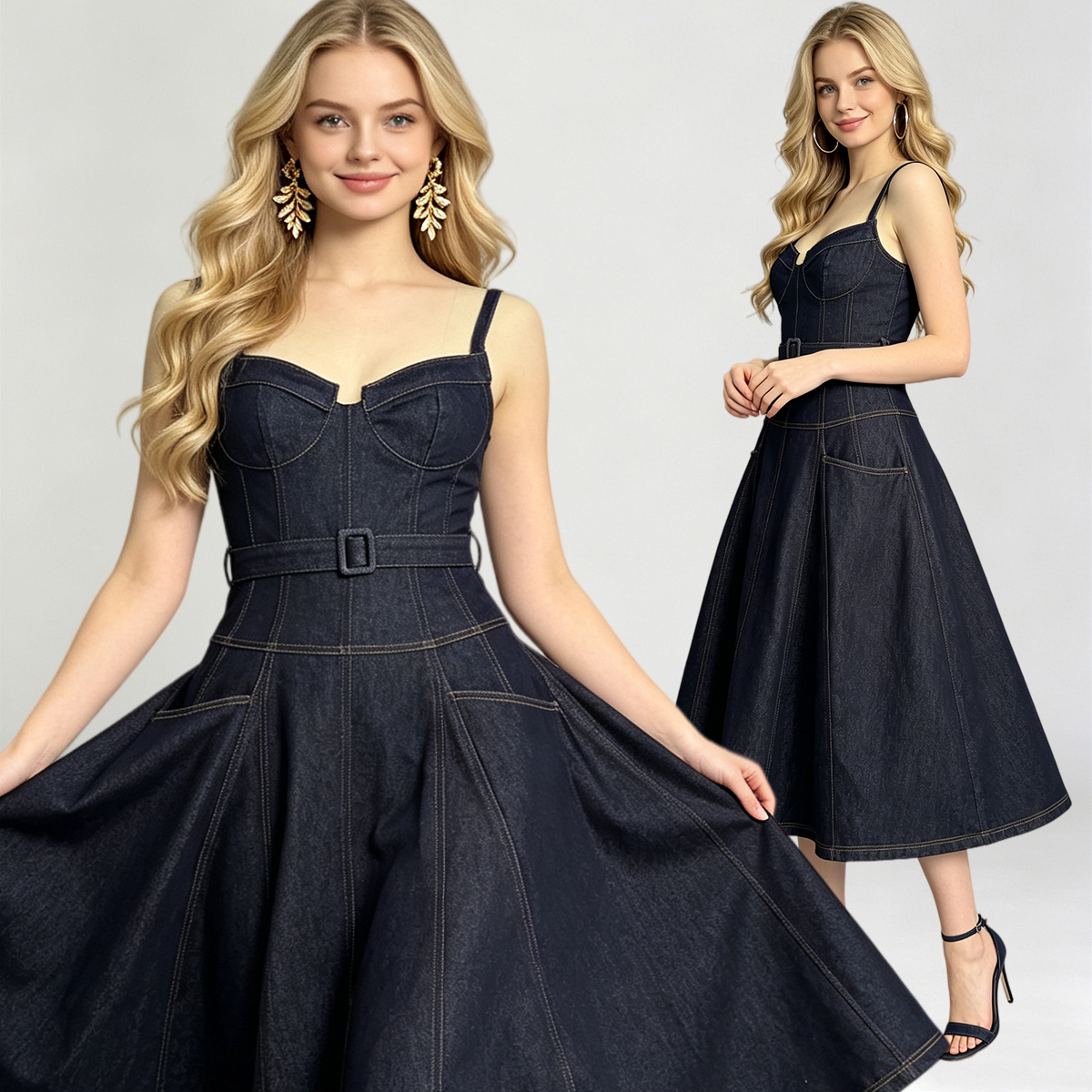 Summer slim fit high waisted tank top dress with large swing and sleeveless three-dimensional cut chest cup denim skirt
