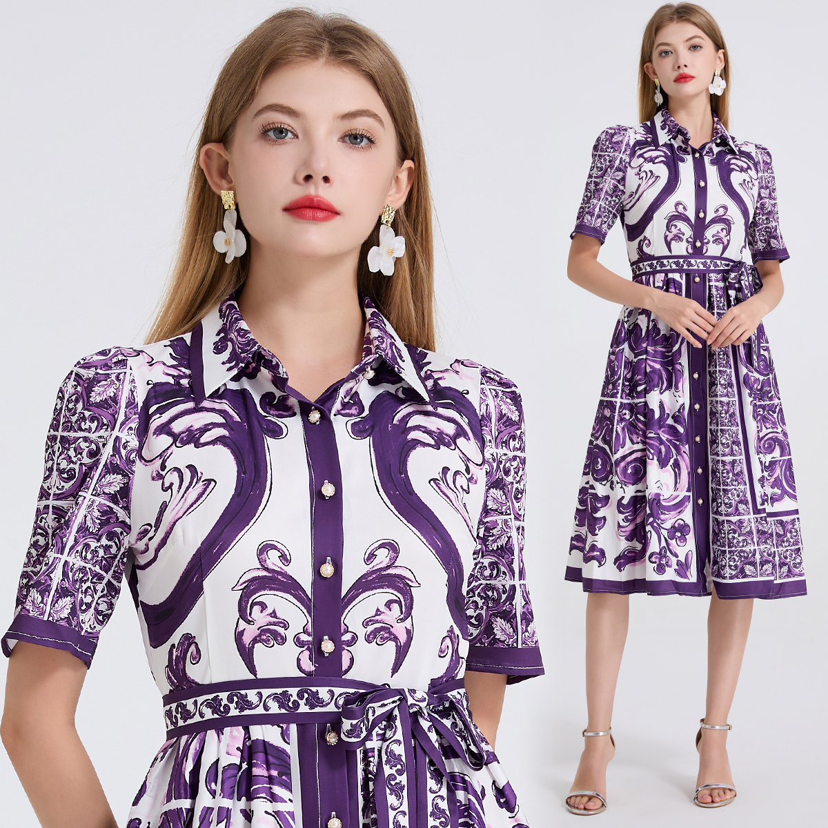 Summer New Product Positioning Printed Collar Strap Waist Shirt Dress Large Swing A-line Skirt