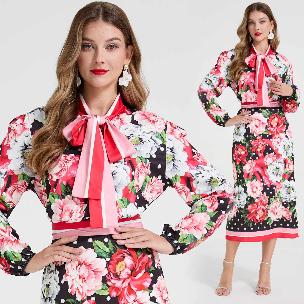Real time shooting of European and American style positioning dot big flower bow tie shirt+high waisted skirt two-piece set