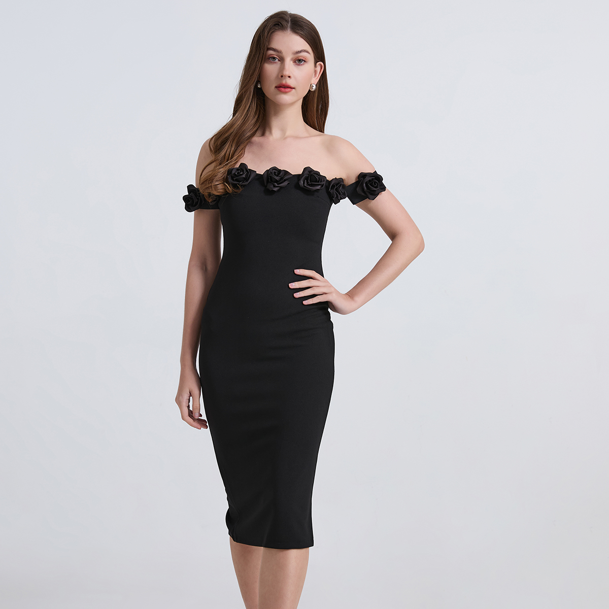 Real time shooting of French heavy industry nail diamond gold style one shoulder three-dimensional flower slim fit slit dress Real time shooting of French heavy industry nail diamond gold style one shoulder three-dimensional flower slim fit slit dress