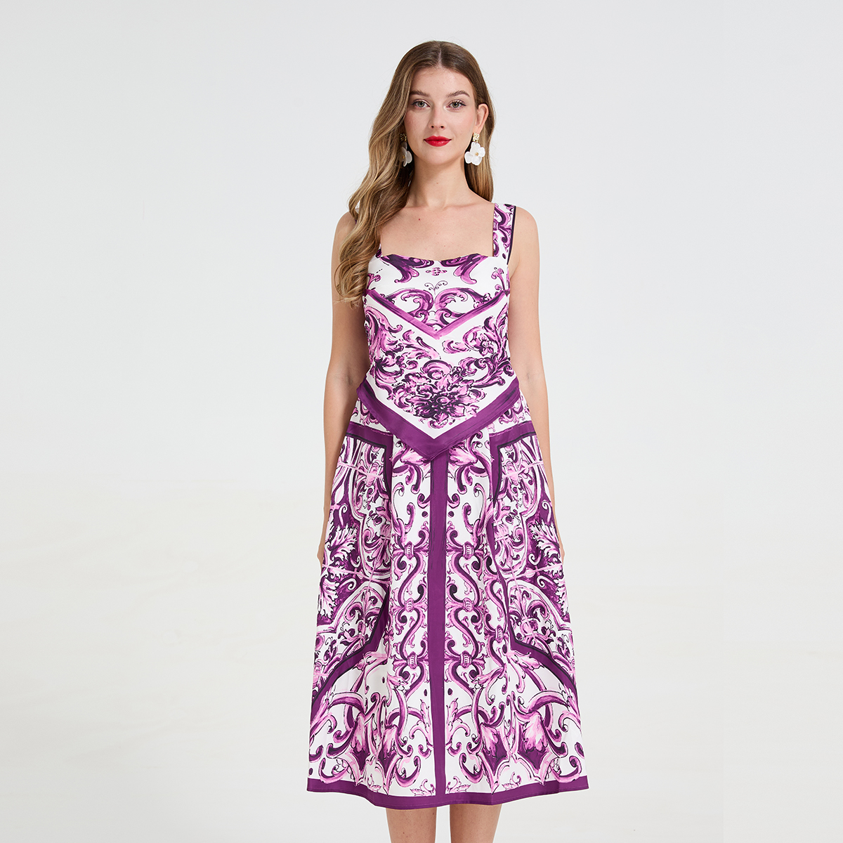 Realistic Baroque style printed positioning fake 2-piece camisole skirt with waist cinching and large swing style dress Realistic Baroque style printed positioning fake 2-piece camisole skirt with waist cinching and large swing style dress